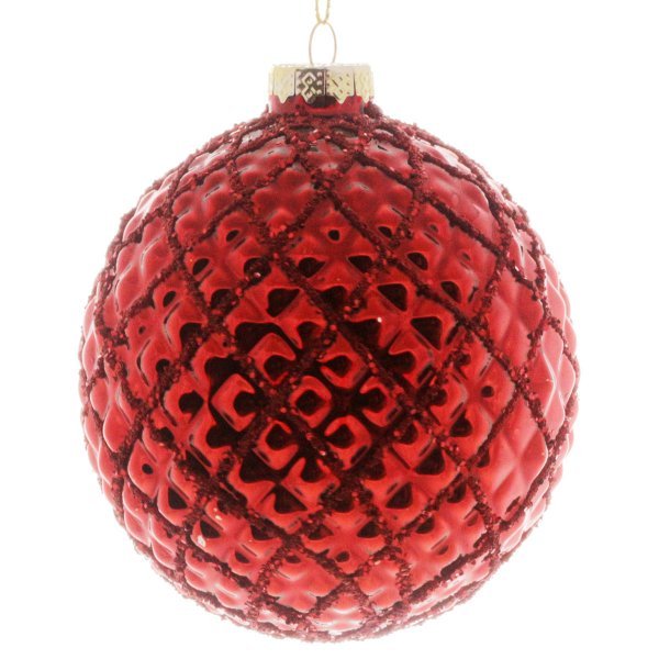 Χριστουγεννιάτικη Γυάλινη Κόκκινη Μπάλα με Ανάγλυφους Ρόμβους (8cm)
